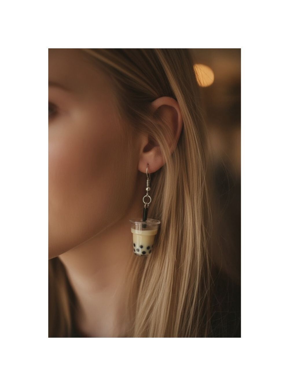 Bubble Tea Drop Earrings in Beige and Black
